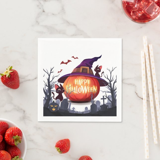 Servilleta De Papel Calabaza de Halloween, gatos y avispas (In situ)