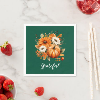 Servilleta De Papel Calabaza floral de otoño agradecida verde cuadrado