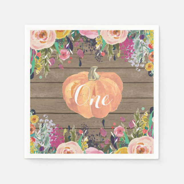 Servilleta De Papel Calabaza Rusa Primer Cumpleaños Acuarela Floral (Anverso)