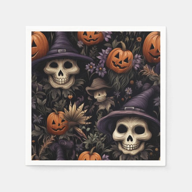 Servilleta De Papel Calabazas Calaveras Flores Halloween  (Anverso)