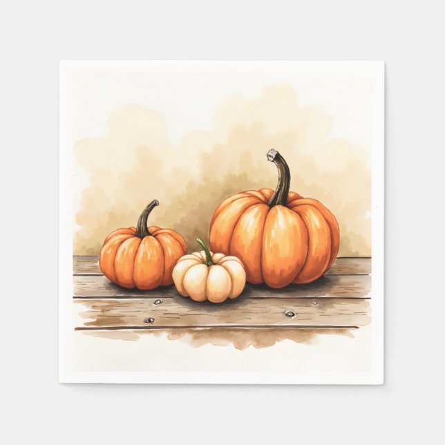 Servilleta De Papel Calabazas de Otoño en Mesa de Madera (Anverso)