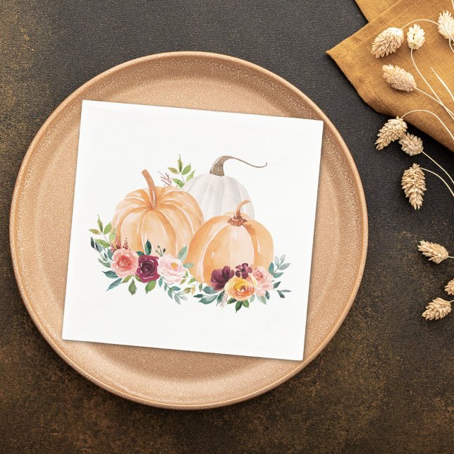 Servilleta De Papel Calabazas de Otoño y Flores Boho en Acuarela (In situ)