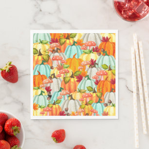 Servilleta De Papel Calabazas Divertidas Hongos Y Hojas De Otoño