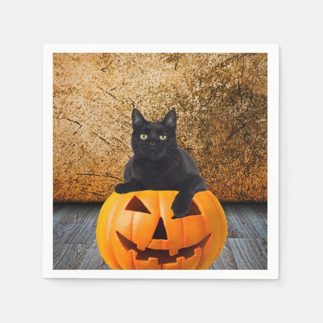Servilleta De Papel Calabazas, Gato Negro Halloween En Calabaza (Anverso)