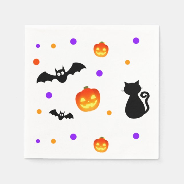 Servilleta De Papel Calabazas, murciélagos y gatos de Halloween en bla (Anverso)
