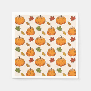 Servilleta De Papel Calabazas Naranjas Y Patrón De Hojas De Otoño