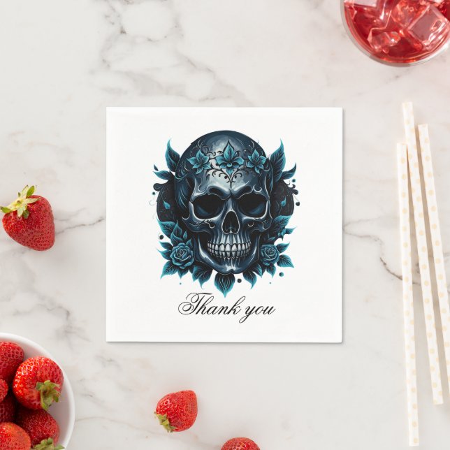 Servilleta De Papel Calavera azul oscuro con rosas. (In situ)