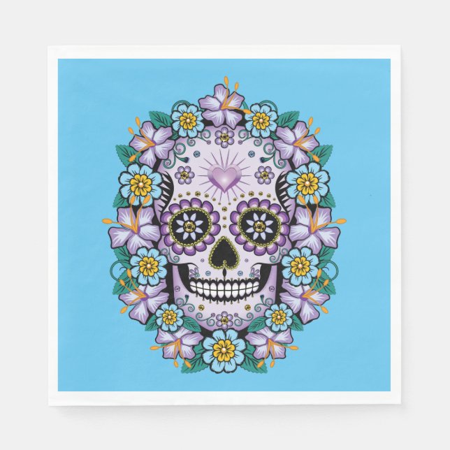 Servilleta De Papel Calavera de azúcar morado con flores (Anverso)