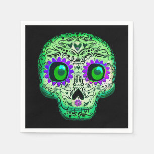 Servilleta De Papel Calavera de azúcar negra de Halloween con luz verd