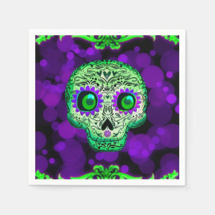Servilleta De Papel Calavera de azúcar verde y morado brillante para f