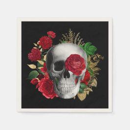 Servilleta De Papel Calavera de gótico con flores rojas y hojas de oro