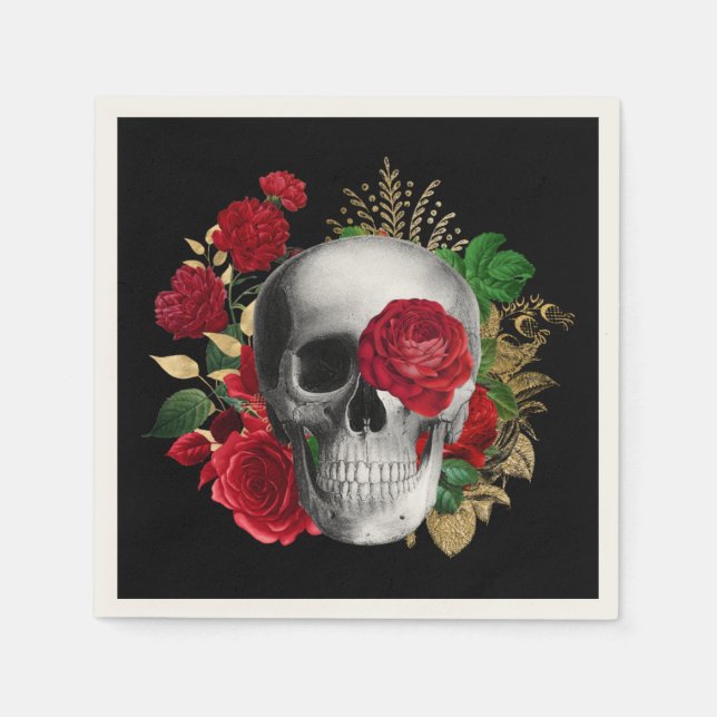 Servilleta De Papel Calavera de gótico con flores rojas y hojas de oro (Anverso)