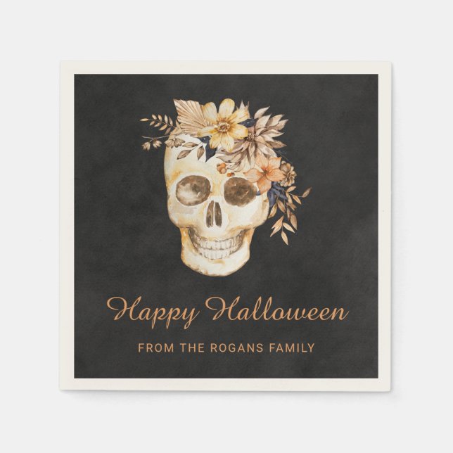 Servilleta De Papel Calavera Floral Rústica Halloween (Anverso)