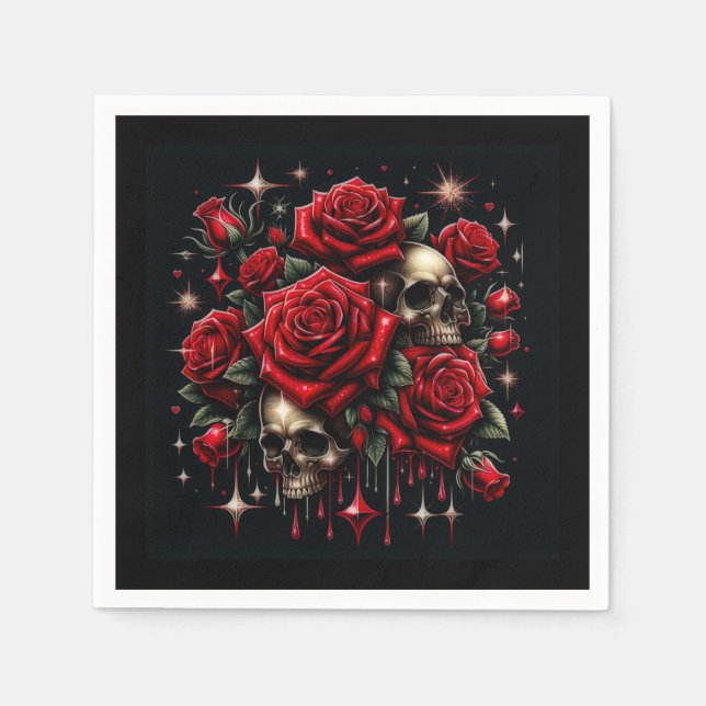 Servilleta De Papel Calaveras doradas y rosas rojas desgarran el glamo (Anverso)