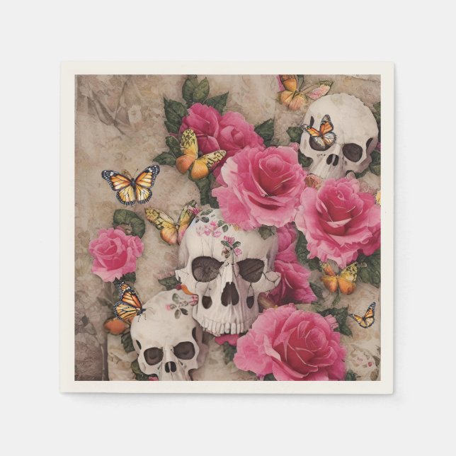 Servilleta De Papel Calaveras Rosa Y Mariposas Monarca (Anverso)