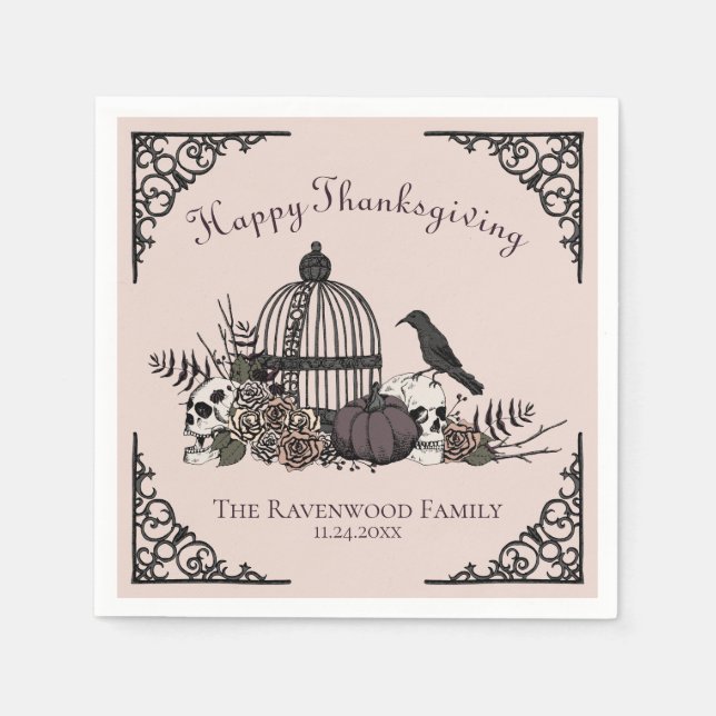 Servilleta De Papel Calaveras rosas, calabaza y hojas de otoño Acción  (Anverso)