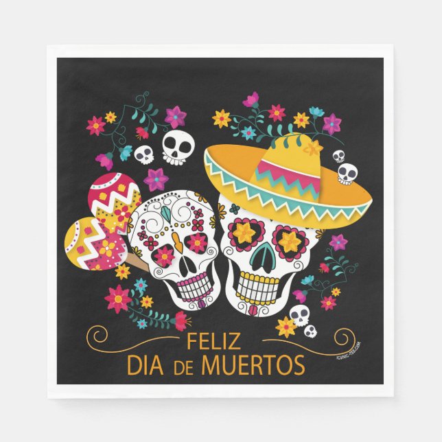 Servilleta De Papel Calaveras y flores de azúcar fiesta (Anverso)