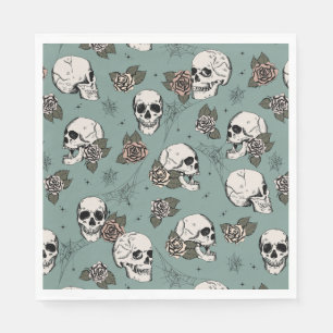 Servilleta De Papel Calaveras y Rosas de Halloween Verde Eucalipto Gót