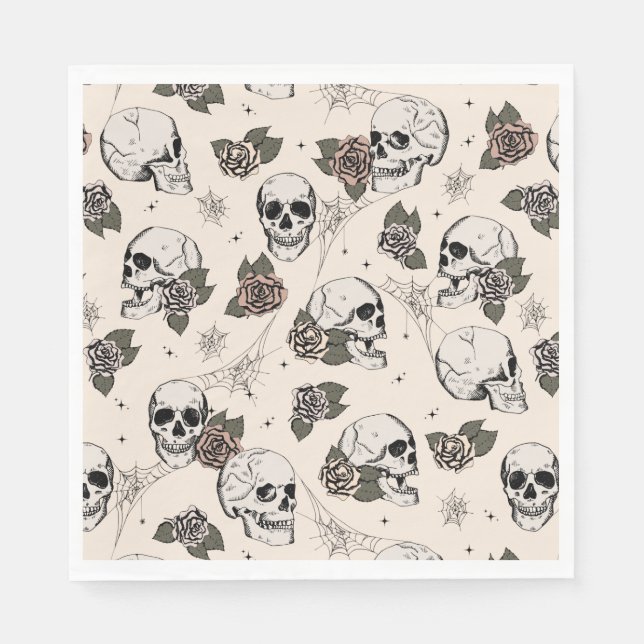 Servilleta De Papel Calaveras y Rosas Góticas de Blanco Antiguo para H (Anverso)