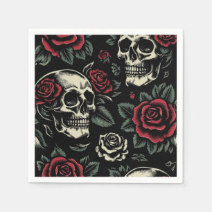 Servilleta De Papel Calaveras y rosas rojas florales góticas