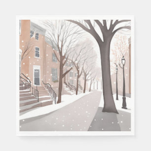 Servilleta De Papel Calle de Brownstone   Acuarela de invierno nevado
