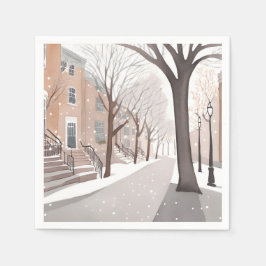 Servilleta De Papel Calle de Brownstone | Acuarela de invierno nevado