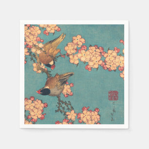 Servilleta De Papel Camachuelo de Hokusai y Flor de Cerezo Ave Vintage