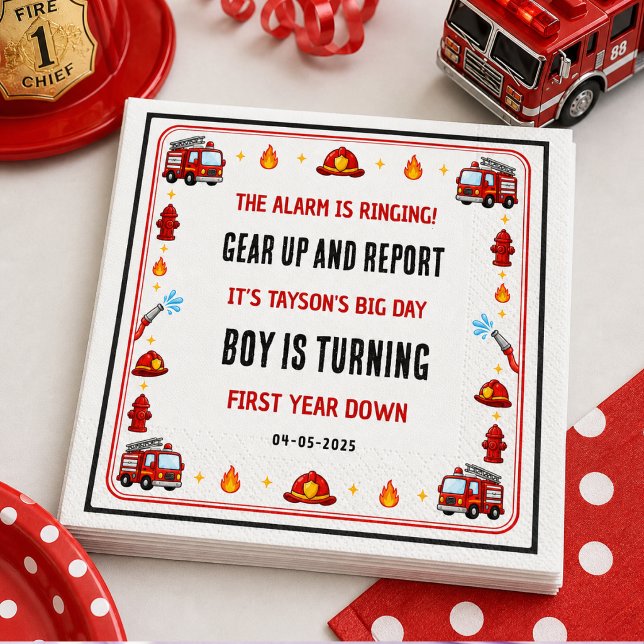 Servilleta De Papel Camión de Bomberos Rojo y Blanco Fiesta de Cumplea (Red and White Firetruck 1st Birthday Party paper napkins)