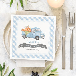 Servilleta De Papel Camión de calabaza azul Gingham Boy 1er cumpleaños