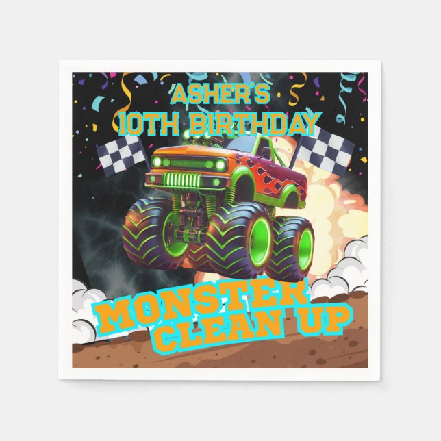 Servilleta De Papel Camión naranja y Monstruo Verde | Cumpleaños fuera (Anverso)