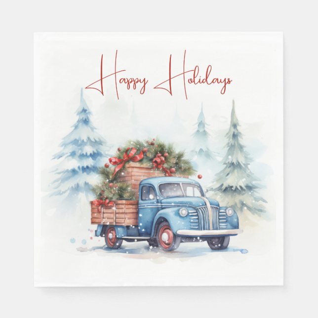 Servilleta De Papel Camión Retro Azul de Navidad (Anverso)