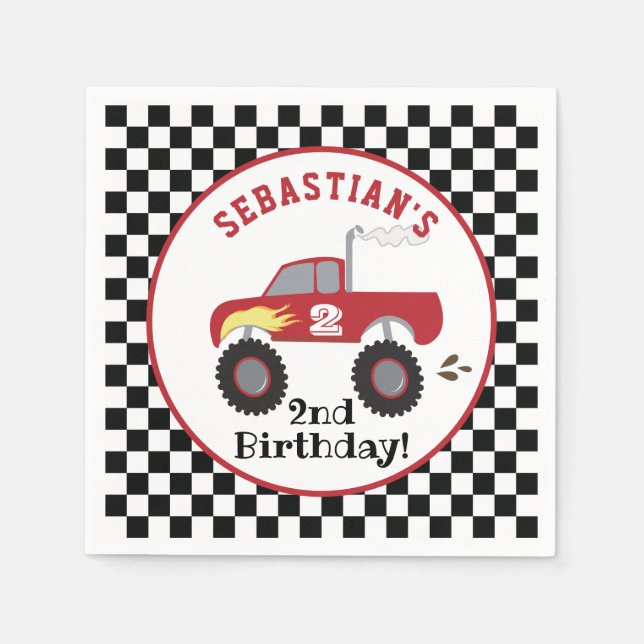 Servilleta De Papel Camión rojo Carreras de cumpleaños camionetas niño (Anverso)