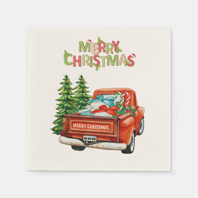 Servilleta De Papel Camión Rojo Pino Feliz Navidad (Anverso)