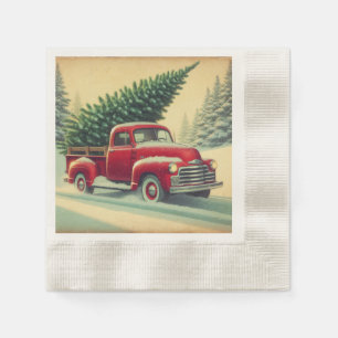 Servilleta De Papel Camión rojo vintage con árbol de Navidad