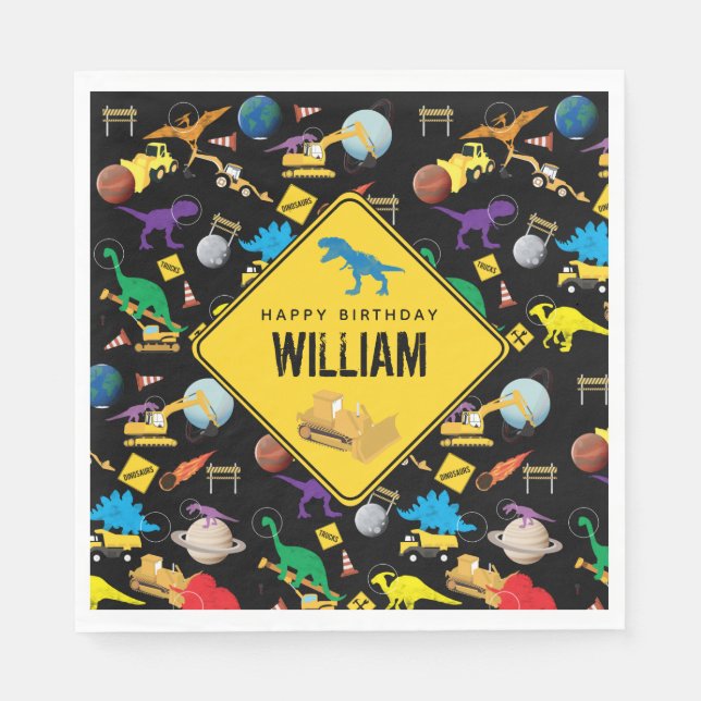 Servilleta De Papel Camiones de construcción dinosaurios en cumpleaños (Anverso)