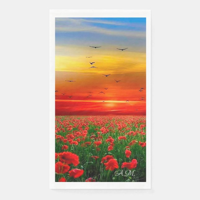 Servilleta De Papel campo de amapolas en el fondo de un sol rojo (Anverso)