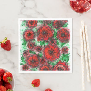 Servilleta De Papel Campo de Amapolas Rojas Arte Botánico Acuarela Lín