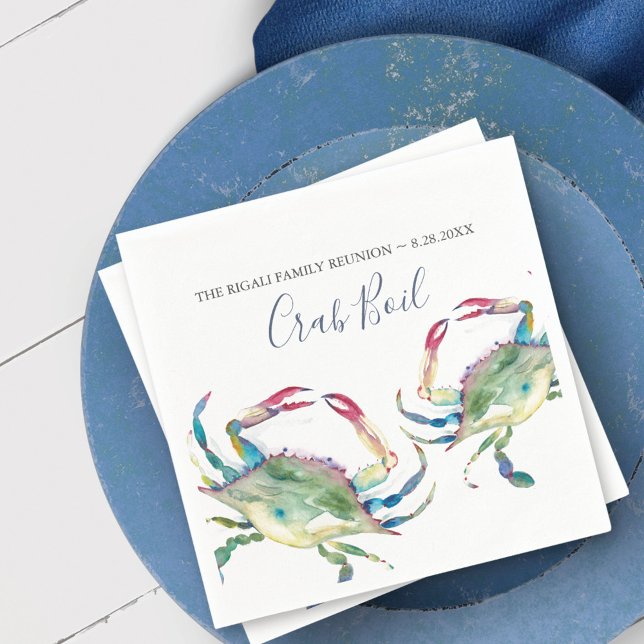 Servilleta De Papel Cangrejo azul acuático personalizado (Crab napkins for a low country boil feature watercolor blue crab art by Victoria Grigaliunas)
