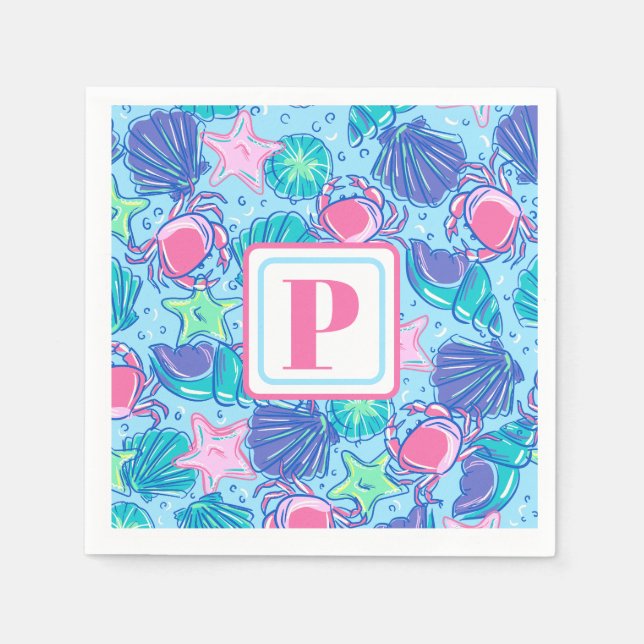 Servilleta De Papel Cangrejo Preppy Monograma Beach Shell (Anverso)