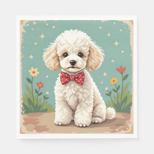 Servilleta De Papel Caniche blanco adorable con corbata de lazo