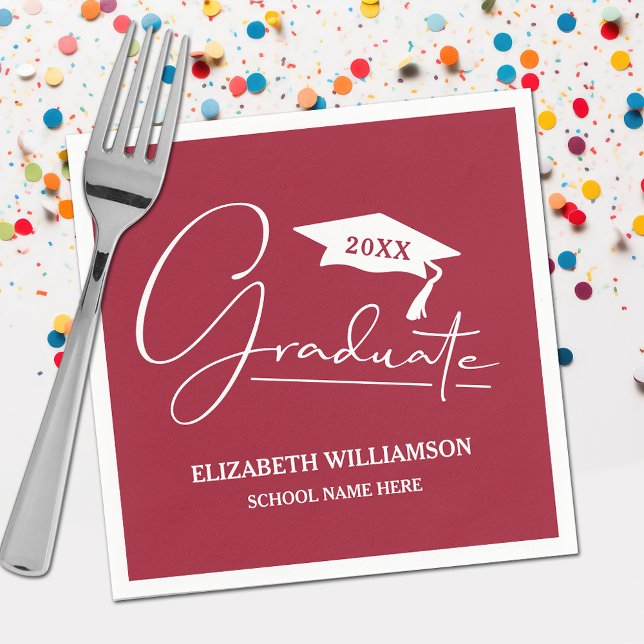 Servilleta De Papel Capuchón de graduación de guión blanco (Your name, class year and "Graduate" in a cool script on maroon school color party napkins)