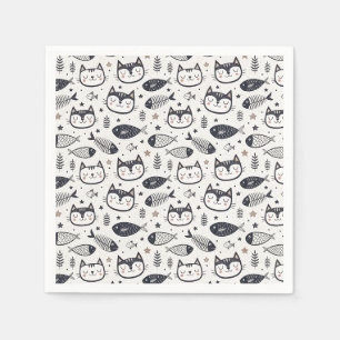Servilleta De Papel Cara de Gato Adorable y Patrón de Espinas de Pesca