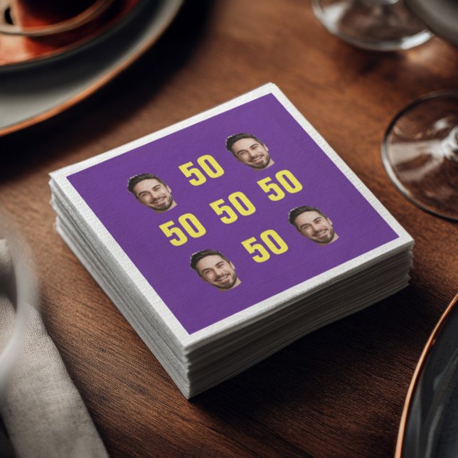 Servilleta De Papel Cara Personalizada Cumpleaños 50 Divertida Foto Hu (Purple cocktail napkin with four custom face photos arranged in a grid and bright yellow “50” number)