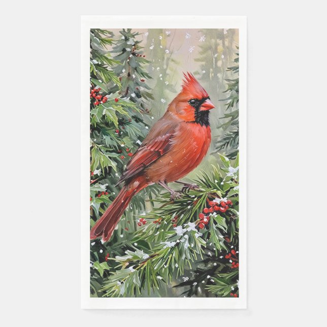 Servilleta De Papel Cardenal de Navidad y Hojas de Acebo (Anverso)