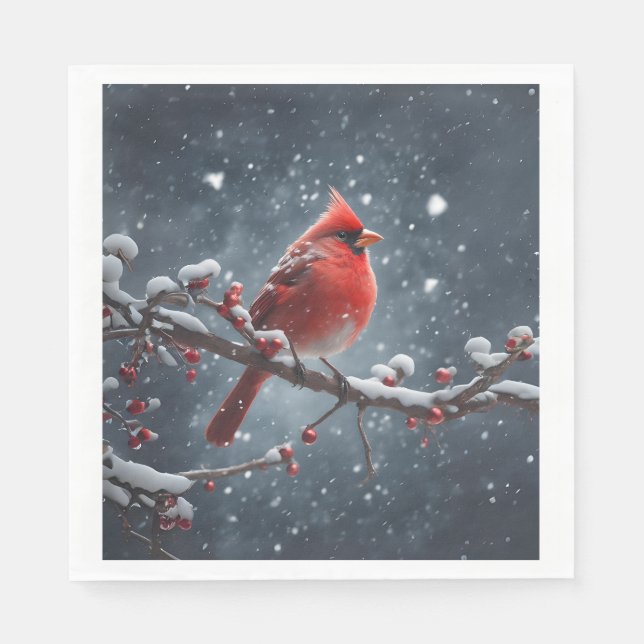 Servilleta De Papel Cardenal rojo en rama de árbol en nieve (Anverso)