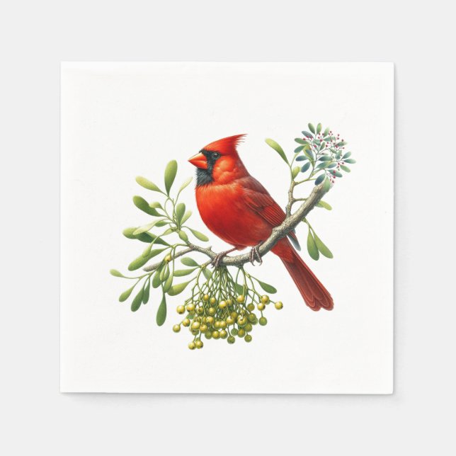 Servilleta De Papel Cardenal Rojo Pájaro Fiesta Muérdago (Anverso)
