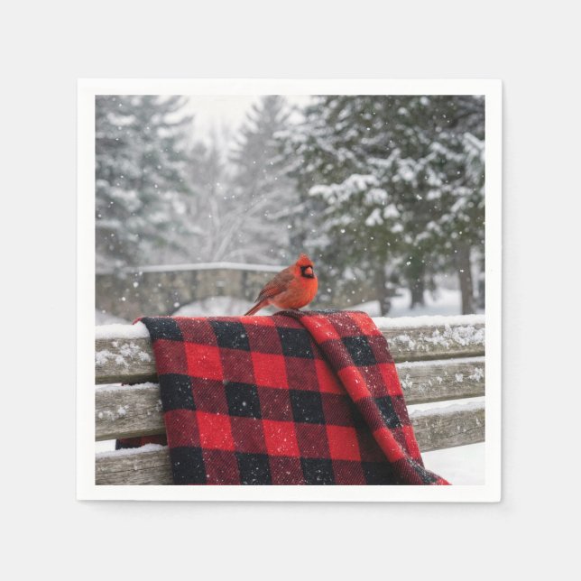 Servilleta De Papel Cardenal sobre una manta de cuadros nevada (Anverso)