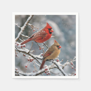 Servilleta De Papel Cardenales de Navidad en rama de árbol invernal