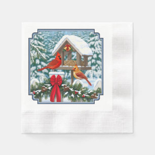 Servilleta De Papel Cardenales y Comedero de Pájaros de Navidad