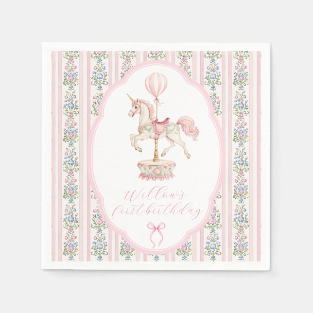 Servilleta De Papel Carousel Pink First Birthday (Anverso)